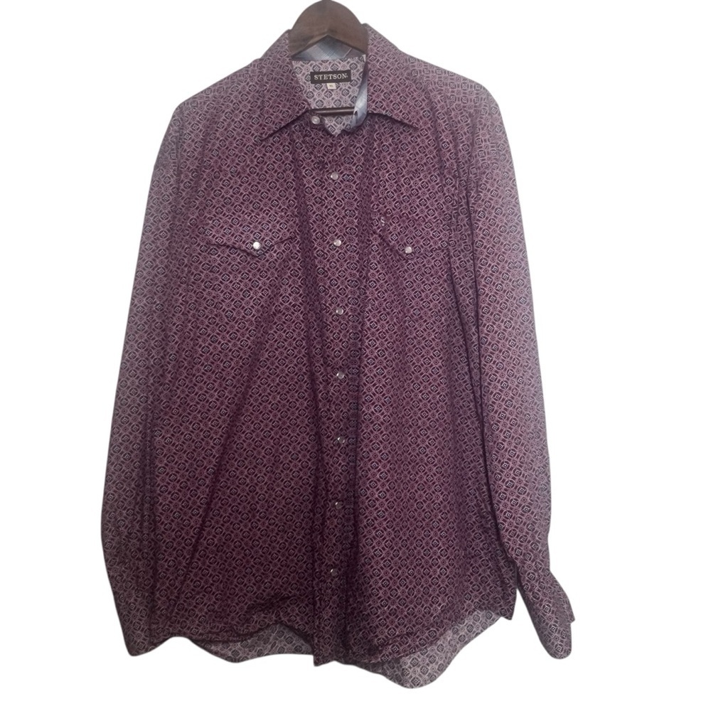 Stetson Shirt Men's XL Pearl Snap Maroon Geometric Flip Cuffs Sawtooth Pockets